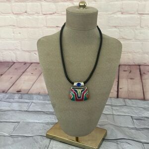 Chicos black leather cord necklace with enamel pendant 17”